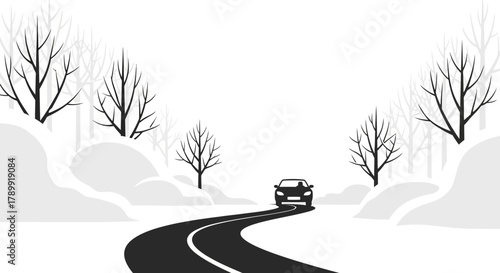 Drive Safely Through Snowy Winter Landscape, Car on Winding Road Through Bare Trees, Peaceful Journey, Adventure, Freedom, Serenity, Escape, Minimalist Design