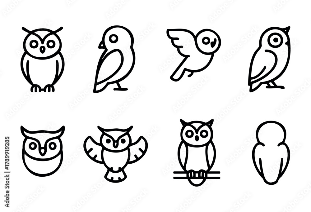 Fototapeta premium Collection of eight minimalist line art owl icons. Different poses and styles of owls are presented in a simple, black and white design. Perfect for branding, websites, or app design.