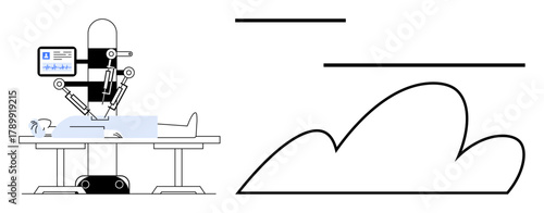 Robot with mechanical arms performing surgery on a patient, equipped with a monitor and tools. Ideal for healthcare, surgery, technology, innovation, robotics, AI, precision simple flat metaphor