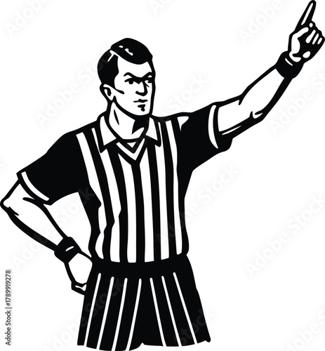 Illustration of a referee in a striped shirt, raising one arm to make a decision. The facial expression is serious, conveying authority and focus.
