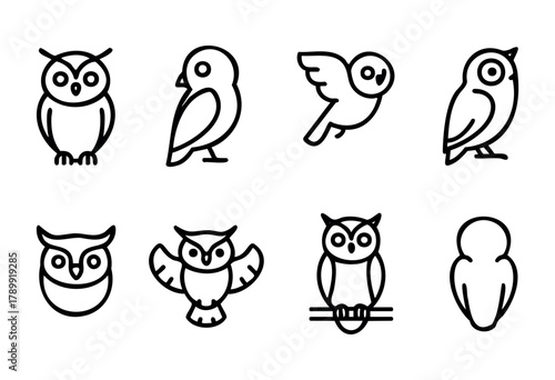 Collection of eight minimalist line art owl icons. Different poses and styles of owls are presented in a simple, black and white design. Perfect for branding, websites, or app design.