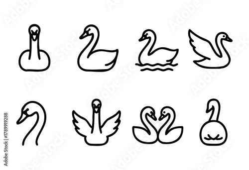 Set of eight minimalistic line art swan illustrations. Different poses and views are included, showcasing the elegance of swans in a simple, bold style. Perfect for logos, icons, or design elements.