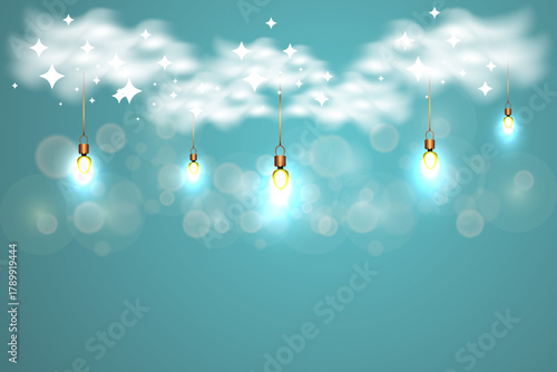 Happy new year Christmas background with light bulbs and stars. Vector illustration. for banner, template flyer card, greeting card, copy space area Eps 10