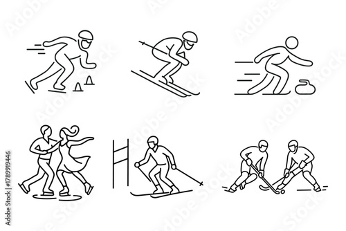Winter sports icon set with speed skating, skiing, curling, figure skating, and ice hockey. Linear style symbols for infographics, apps, and activity design. Vector illustration.