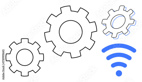 Interconnected gears with a blue wireless signal evoke themes of technology, automation, innovation, connectivity, industrial systems, digital transformation. Ideal for technology, network, IoT