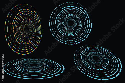 Abstract swirling tunnel vortex with rainbow and blue segments on black spiral