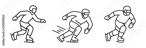 Ice cross downhill athletes icon set showing high-speed skating with protective gear. Linear action symbols for extreme sports content, infographics, and apps. Vector illustration.