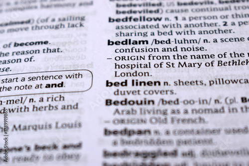 Close Up Of English Dictionary Page With Word - bedlam