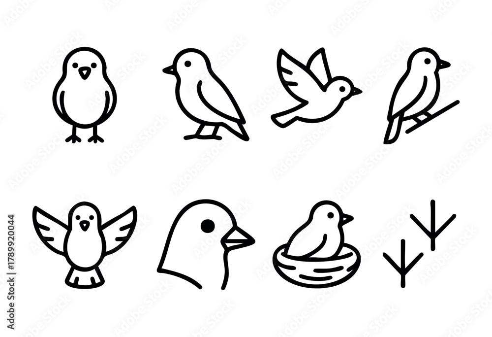 Fototapeta premium Set of eight line art bird icons, including various bird poses, a bird in a nest, and bird tracks. Perfect for web design, app icons, or children's illustrations.