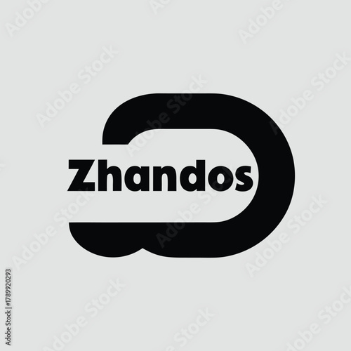 Bold black text "Zhandos" appears over a stylized, rounded black letter "D" shape on a light gray background, conveying a modern, minimalistic feel.