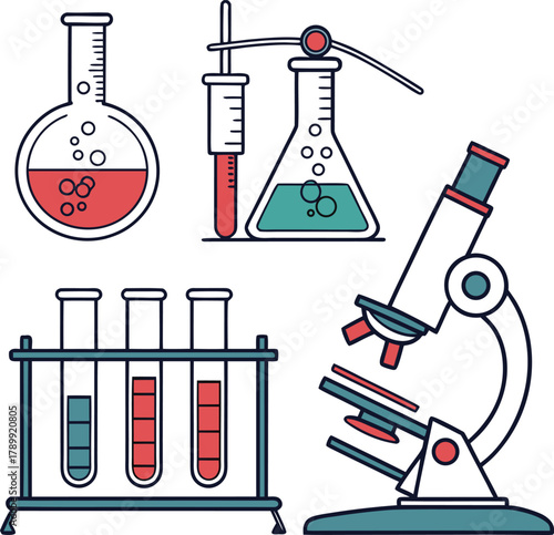 Illustration of lab equipment: red liquid in a flask, test tubes in a rack, a pipette, and a microscope, conveying a scientific theme.