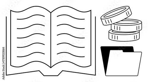 Open book with lines representing text, stack of coins, and file folder. Ideal for education, finance, savings, knowledge, organization planning business. Simple flat metaphor