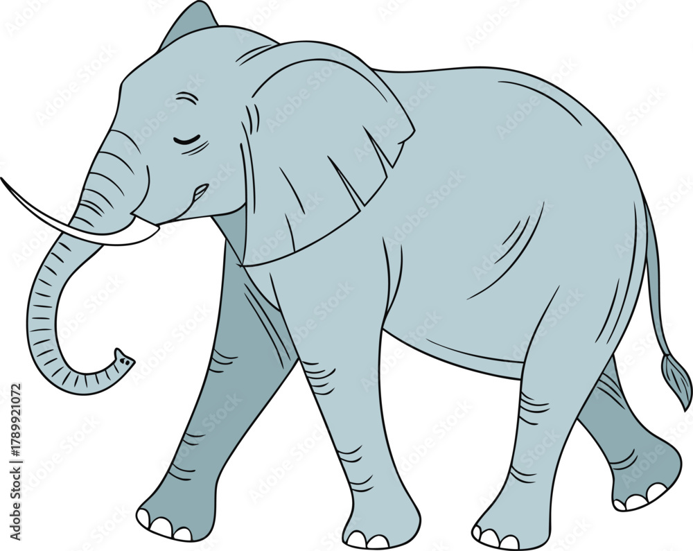 Fototapeta premium A cartoon elephant in light blue is depicted walking gracefully. It has a content expression with eyes closed, floppy ears, and a curving trunk.