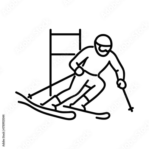 Linear icon of alpine skier navigating slalom gates. Clean outline style ideal for winter sports visuals, mobile apps, or signage. Vector illustration.