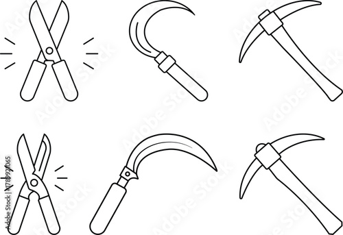 Minimalist Gardening and Mining Tools Line Icon Set