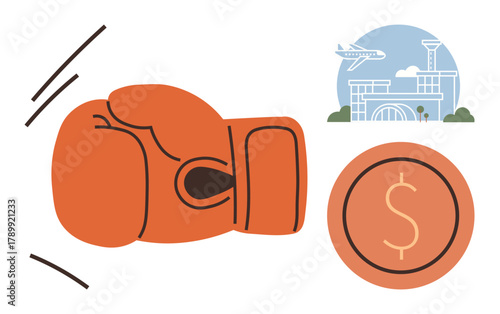 Boxing glove in motion, large coin with dollar sign, airport building with airplane. Ideal for economy, competition, travel, finance, commerce globalization conflict resolution. Simple flat
