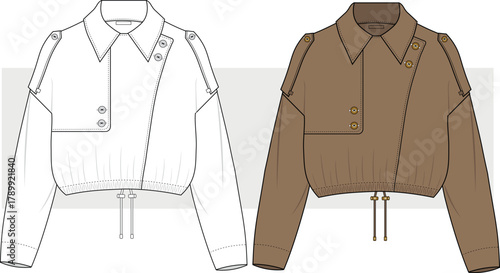 Women's Jacket Technical Fashion Drawing, Illustration. Double Breasted Trench Coat Flat Sketch, vector. CAD, MOCKUP SET.