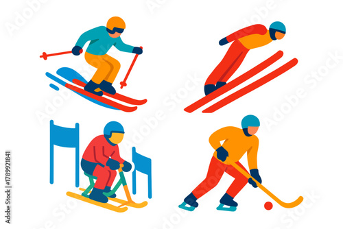 Flat color illustration set of winter sports: freestyle skiing, ski jumping, para-alpine skiing (sit-ski), and ice hockey