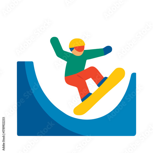 Colorful vector illustration of a snowboarder performing a trick on a halfpipe. Flat design with bright colors, ideal for sports infographics, apps, or winter activity themes.