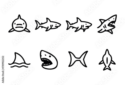 A set of eight simple line art illustrations of sharks in various poses and views, including front, side, and top perspectives, as well as a shark fin in the water. The style is minimalist and bold.