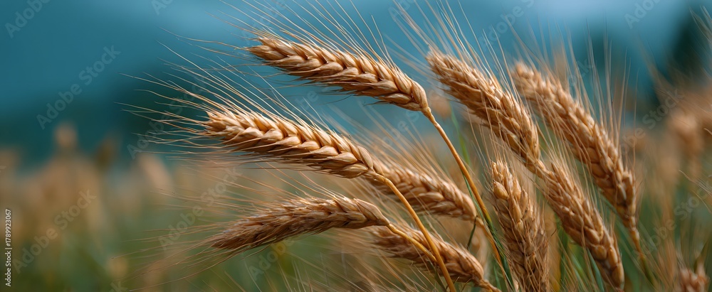 Naklejka premium The rye grain stalk with ripe seed clusters glowing in soft daylight breeze