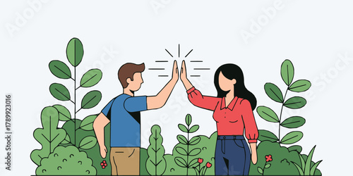 High Five Harmony: An illustration of two individuals exchanging a high five, surrounded by lush green plants, embodying collaboration and shared success. 
