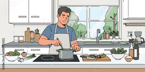 Culinary Harmony: A man cooks with focus and joy in a well-lit, modern kitchen, creating a symphony of flavors and aromas. The image illustrates the delight of home cooking.