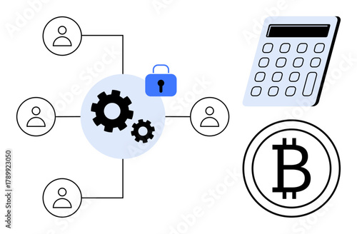 Gears connecting user icons with a secure lock, Bitcoin logo, and calculator emphasizing blockchain, teamwork, cryptocurrency, financial management. Ideal for fintech, technology, decentralization