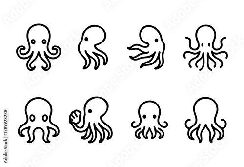 Collection of eight line art octopus illustrations. Each octopus is depicted in a slightly different pose, offering variety for use in design projects. The style is simple, bold, and easily scalable.