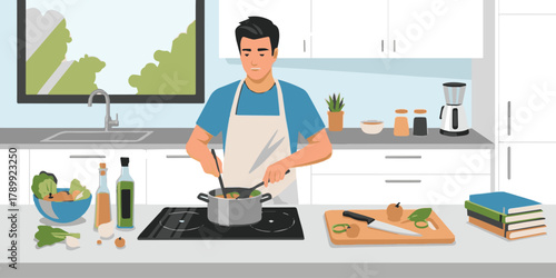 Culinary Creation: A man skillfully crafts a meal in his kitchen, with a range of ingredients on the counter, blending flavors and preparing a delicious dish.