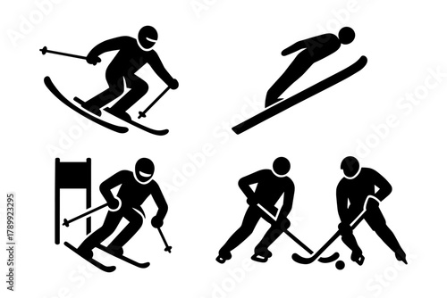 Set of black silhouette icons depicting winter sports: freestyle skiing, ski jumping, slalom skiing, and ice hockey. Bold and simplified style emphasizes movement and action