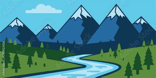 Serene Mountain River: Capturing a majestic landscape of towering snow-capped peaks, verdant valleys, and a winding river under a clear blue sky.