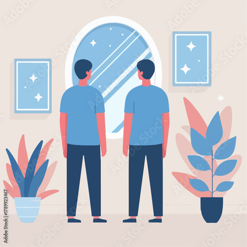 Cartoon illustration of a person looking in the mirror