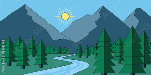 Serene Mountain Landscape: A tranquil illustration showcases a picturesque scene of towering mountains, a winding river, and a lush forest under a bright sun.
