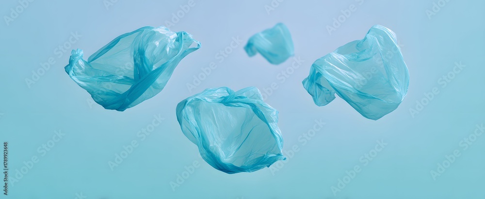 Naklejka premium Plastic bags drifting in air against a simple light blue backdrop.