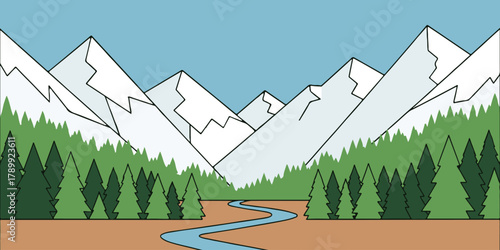 Majestic Mountains Landscape: A serene landscape, showcasing snow-capped mountains and evergreen trees under a clear blue sky. A winding river flows through the scene. 