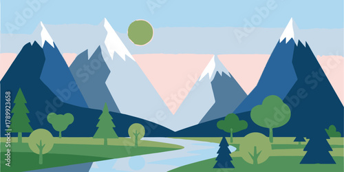 Geometric Mountain Landscape: This image depicts a serene, stylized mountain scene, where angular peaks meet soft hues, with a river weaving through verdant fields under a tranquil sun. 