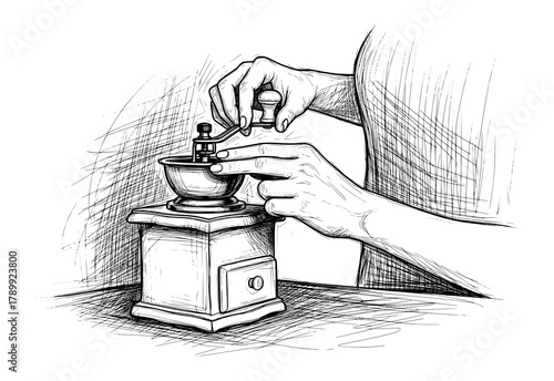 Hand-Drawn Manual Coffee Grinder Scene in Vintage Sketch Style. Vector Illustration for Slow Living Concept.