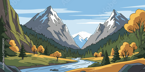 Majestic Mountain Valley: A breathtaking vista unfolds, showcasing towering snow-capped peaks, verdant forests, and a meandering river, under a clear, bright sky.