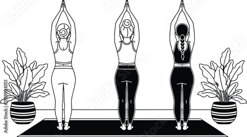 Three women practicing yoga pose with plants for wellness and mindfulness