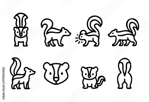 Set of eight line art skunk illustrations showing the animal from different angles and poses, including a skunk spraying. Perfect for logos, icons, or educational materials.