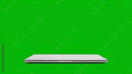 Green Screen Laptop Opening and Closing on Solid Background Viewpoint Displaying Technology Scene with Consistent Motion