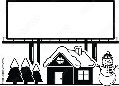 Winter billboard mockup with charming house and snowman illustration