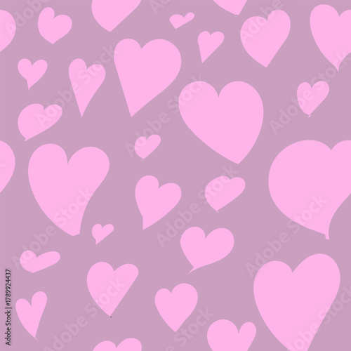 Seamless pattern with pink hearts of various sizes on a light burgundy background for Valentine's Day
