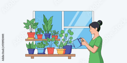 Nurturing Life Indoors: A woman tenderly waters a vibrant collection of houseplants, cultivating an oasis of greenery indoors, creating a sense of tranquility and connection with nature.