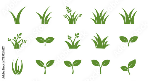 A collection of green icons depicting various forms of grass, sprouts, and young plant leaves, illustrating growth and nature.