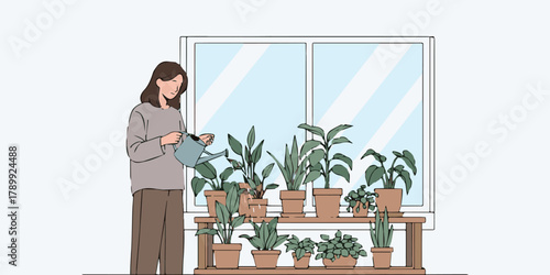 Nurturing Green: A woman cares for her indoor potted plants, watering them with a gentle touch. Sunlight streams through a window, illuminating her tranquil act of tending to the thriving foliage.