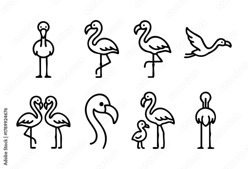 Obraz premium A set of eight line art illustrations depicting flamingos in various poses, including standing, flying, and a pair of flamingos facing each other. 