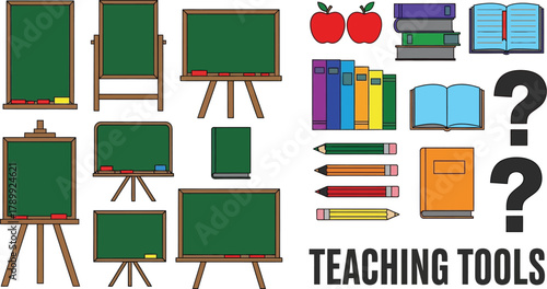 Colorful teaching tools: apples, books, and blackboards for education