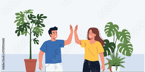 High-Five Moment:  A joyful moment of collaboration and agreement, illustrated by two individuals celebrating with a high-five gesture amidst lush indoor plants. 